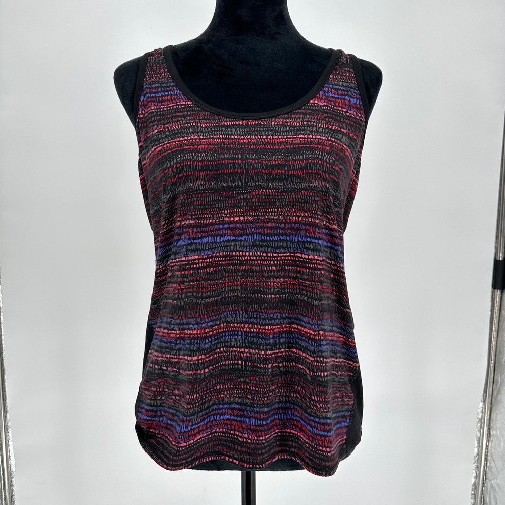 Athleta Black Pink Striped Tank Top Shirt‎ Multicolor Stretch Scoop Neck Large